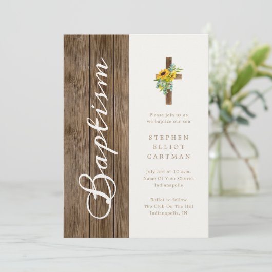 Zonnebloemen boven rustiek hout Elegant Script Doo Kaart (Staand voorkant)