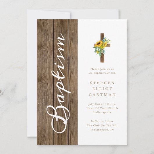 Zonnebloemen boven rustiek hout witte doop kaart (Voorkant)