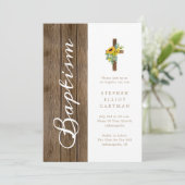 Zonnebloemen boven rustiek hout witte doop kaart (Staand voorkant)