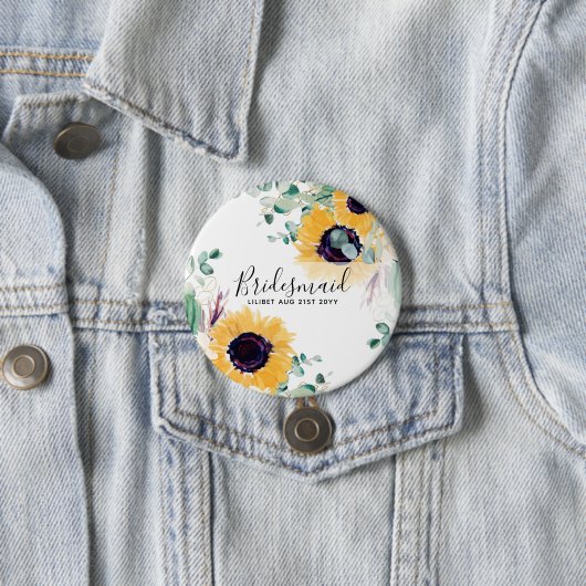 Zonnebloemen Bruidsmeisjes Cadeaus met Naam Datum Ronde Button 7,6 Cm (In situ)