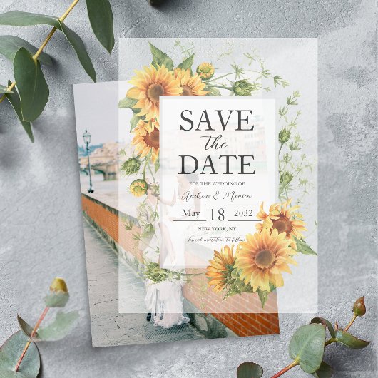 Zonnebloemen bruiloft Bewaar de datum doorschijnen Vellum Uitnodigingen