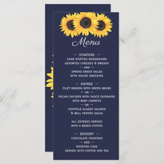 Zonnebloemen Bruiloft Menu op Blauwe Bloemen (Voorkant / Achterkant)