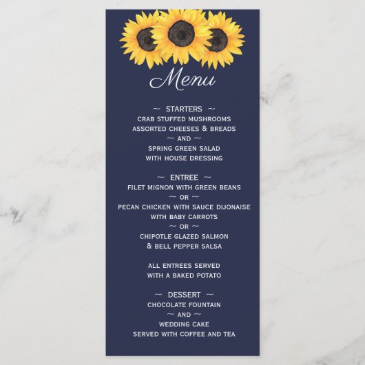 Zonnebloemen Bruiloft Menu op Blauwe Bloemen (Voorkant)