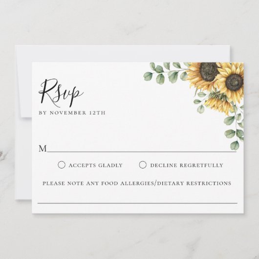 Zonnebloemen bruiloft Voedsel Allergie RSVP-kaart Kaart (Voorkant)