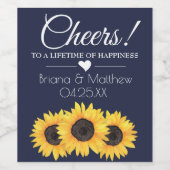 Zonnebloemen Bruiloft Wijnlabel Landelijk Blauw Pr Wijn Etiket (Enkel label)