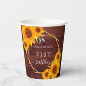 Zonnebloemen bruin hout naam rustieke verjaardag papieren bekers (Achterkant)