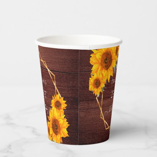 Zonnebloemen bruin hout naam rustieke verjaardag papieren bekers (Rechts)