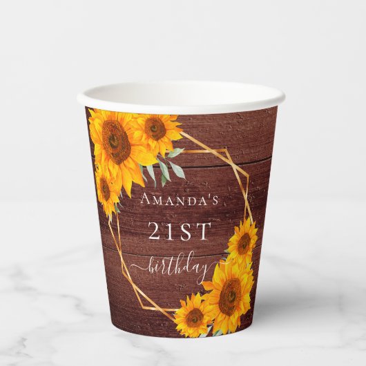 Zonnebloemen bruin hout naam rustieke verjaardag papieren bekers (Voorkant)