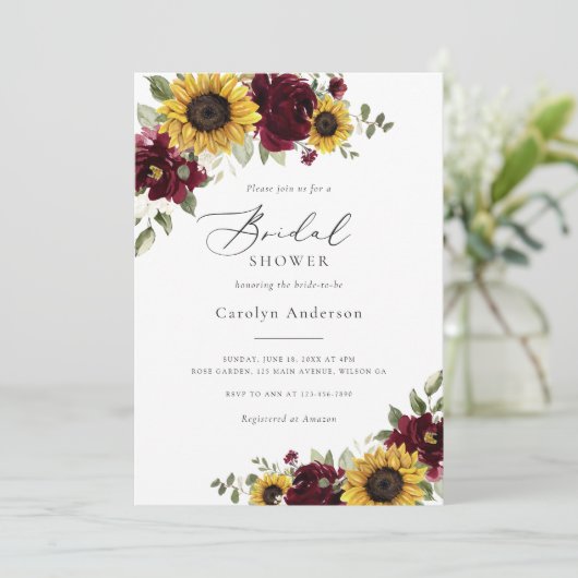 Zonnebloemen Burgundy Bloemrijke Rustieke Bruidsui Kaart (Staand voorkant)