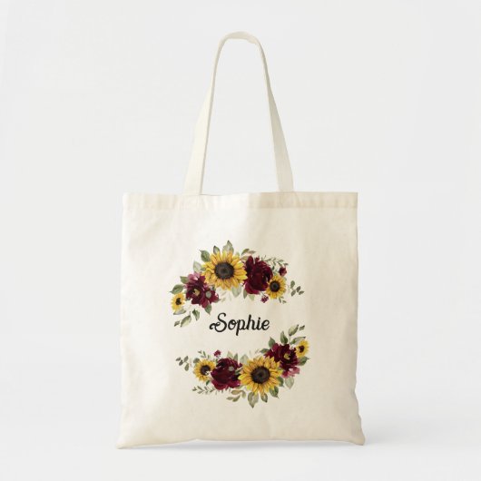 Zonnebloemen Burgundy Floral Greenery Gepersonalis Tote Bag (Voorkant)