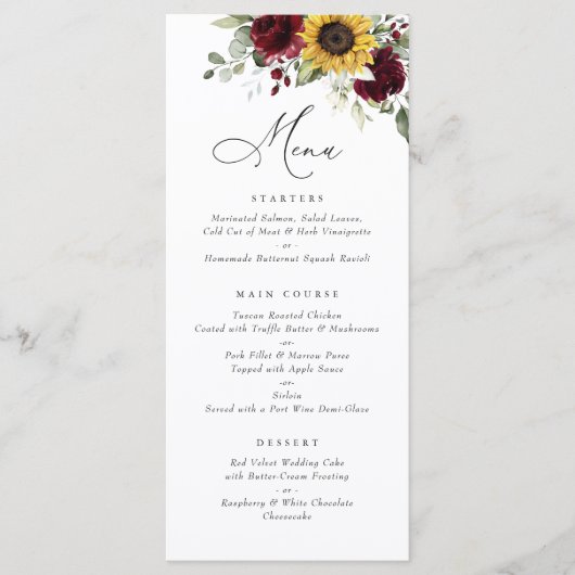 Zonnebloemen Burgundy Floral Greenery Wedding Menu (Voorkant)