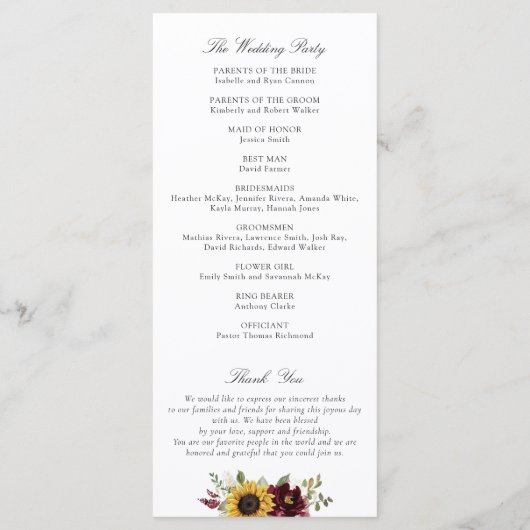 Zonnebloemen Burgundy Floral Rustic Wedding Progra Programmakaart (Achterkant)