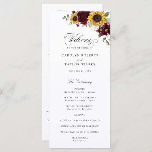 Zonnebloemen Burgundy Floral Rustic Wedding Progra Programmakaart (Voorkant / Achterkant)