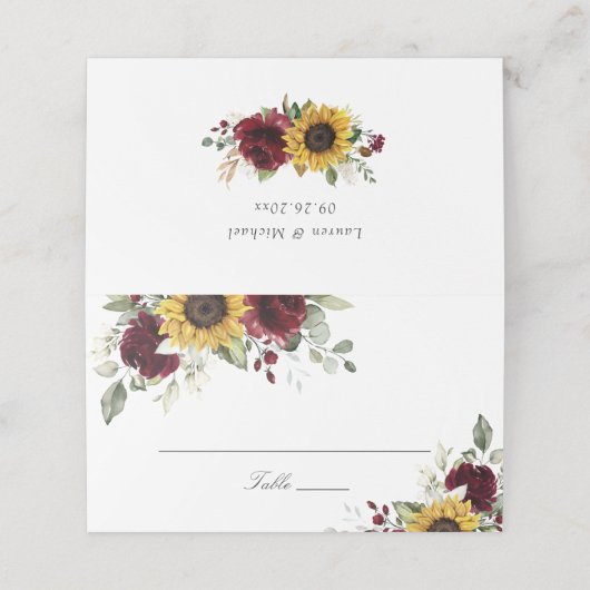 Zonnebloemen Burgundy Floral Wedde Place Card Plaatskaartje (Buitenkant ongevouwen)