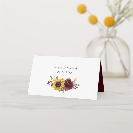 Zonnebloemen Burgundy Floral Wedde Place Card Plaatskaartje (Achterkant)