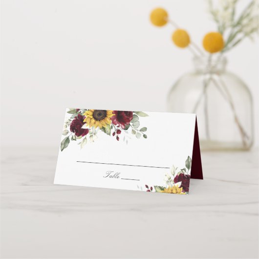 Zonnebloemen Burgundy Floral Wedde Place Card Plaatskaartje (Voorkant)