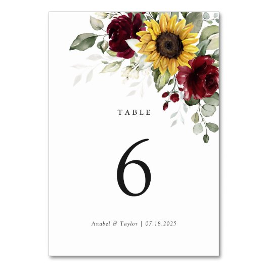 Zonnebloemen Burgundy Floral Wedding Table Number Kaart (Voorkant)