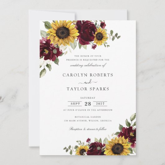Zonnebloemen Burgundy Flowers Greenery Wedding Kaart (Voorkant)