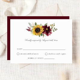 Zonnebloemen Burgundy Flowers Rustic Wedding RSVP Kaart