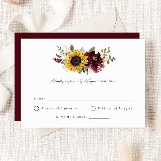 Zonnebloemen Burgundy Flowers Rustic Wedding RSVP  Kaart
