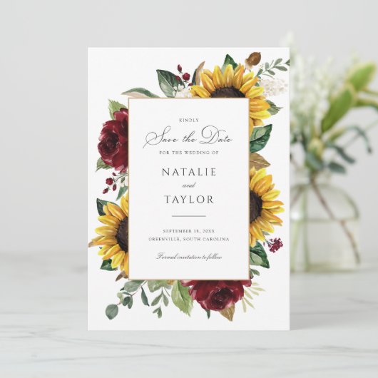 Zonnebloemen Burgundy Greenery Rustic Save the Dat Kaart (Staand voorkant)