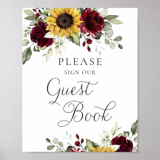Zonnebloemen Burgundy Greenery Wedding Guest Book Poster (Voorkant)