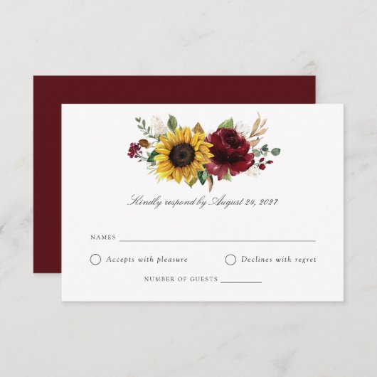 Zonnebloemen Burgundy Greenery Wedding RSVP Kaart (Voorkant / Achterkant)