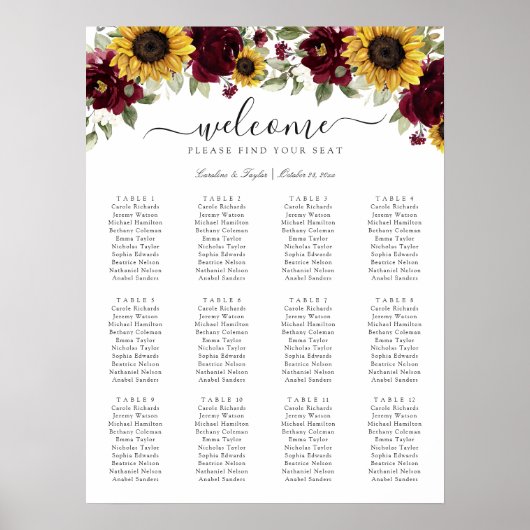 Zonnebloemen Burgundy Greenery Wedding Seating Cha Poster (Voorkant)