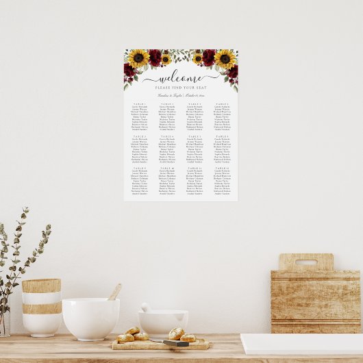 Zonnebloemen Burgundy Greenery Wedding Seating Cha Poster (Keuken)