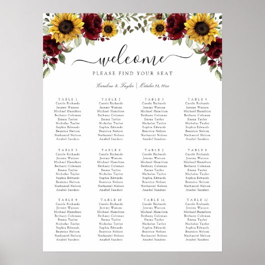 Zonnebloemen Burgundy Greenery Wedding Seating Cha Poster (Voorkant)