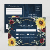 Zonnebloemen Burgundy Navy Geometric Wedding RSVP Briefkaart (Voorkant / Achterkant)