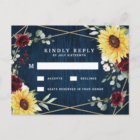 Zonnebloemen Burgundy Navy Geometric Wedding RSVP Briefkaart (Voorkant)