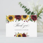 Zonnebloemen Burgundy Red Floral Rustic Weddenscha Bedankkaart (Staand voorkant)