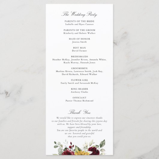 Zonnebloemen Burgundy Red Floral Rustic Weddenscha Programmakaart (Achterkant)