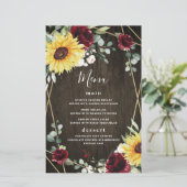 Zonnebloemen Burgundy Roos Rustic Wedding Menu Kaa (Staand voorkant)