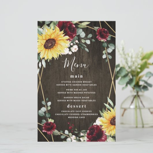 Zonnebloemen Burgundy Roos Rustic Wedding Menu Kaa (Staand voorkant)