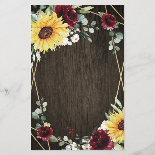 Zonnebloemen Burgundy Roos Rustic Wedding Menu Kaa (Achterkant)