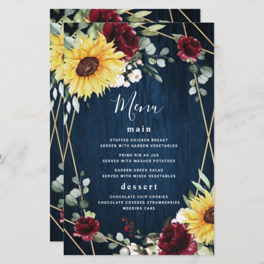 Zonnebloemen Burgundy Rozen Kaarten van het Navy W (Voorkant / Achterkant)