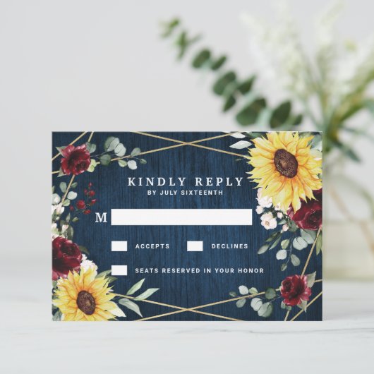 Zonnebloemen Burgundy Rozen marinemacht Geometrisc RSVP Kaartje (Staand voorkant)