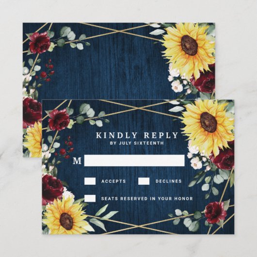Zonnebloemen Burgundy Rozen marinemacht Geometrisc RSVP Kaartje (Voorkant / Achterkant)