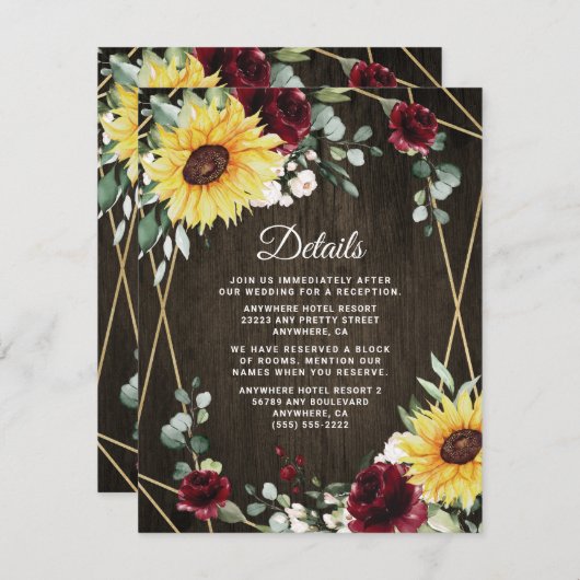 Zonnebloemen Burgundy Rozen Rustic Geometric Weddi Informatiekaartje (Voorkant / Achterkant)
