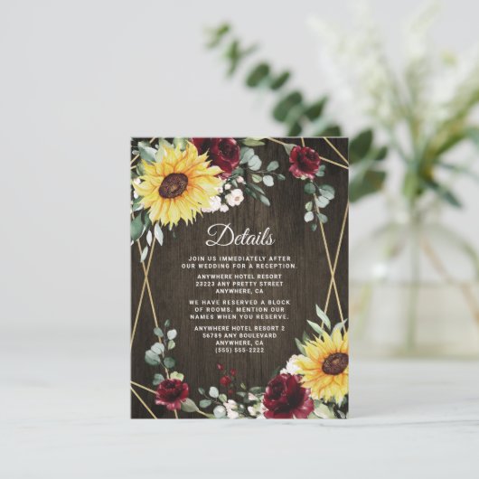 Zonnebloemen Burgundy Rozen Rustic Geometric Weddi Informatiekaartje (Staand voorkant)