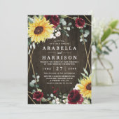 Zonnebloemen Burgundy Rozen Rustic Geometric Weddi Kaart (Staand voorkant)