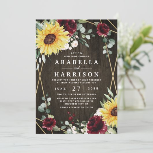 Zonnebloemen Burgundy Rozen Rustic Geometric Weddi Kaart (Staand voorkant)