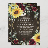 Zonnebloemen Burgundy Rozen Rustic Geometric Weddi Kaart (Voorkant / Achterkant)