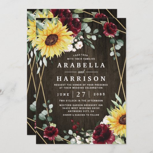 Zonnebloemen Burgundy Rozen Rustic Geometric Weddi Kaart (Voorkant / Achterkant)