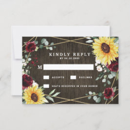 Zonnebloemen Burgundy Rozen Rustic Geometric Weddi RSVP Kaartje