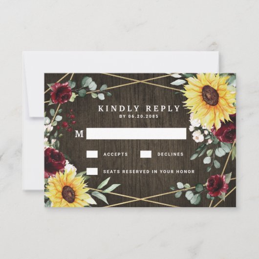 Zonnebloemen Burgundy Rozen Rustic Geometric Weddi RSVP Kaartje (Voorkant)
