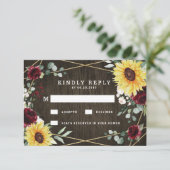 Zonnebloemen Burgundy Rozen Rustic Geometric Weddi RSVP Kaartje (Staand voorkant)
