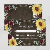 Zonnebloemen Burgundy Rozen Rustic Geometric Weddi RSVP Kaartje (Voorkant / Achterkant)